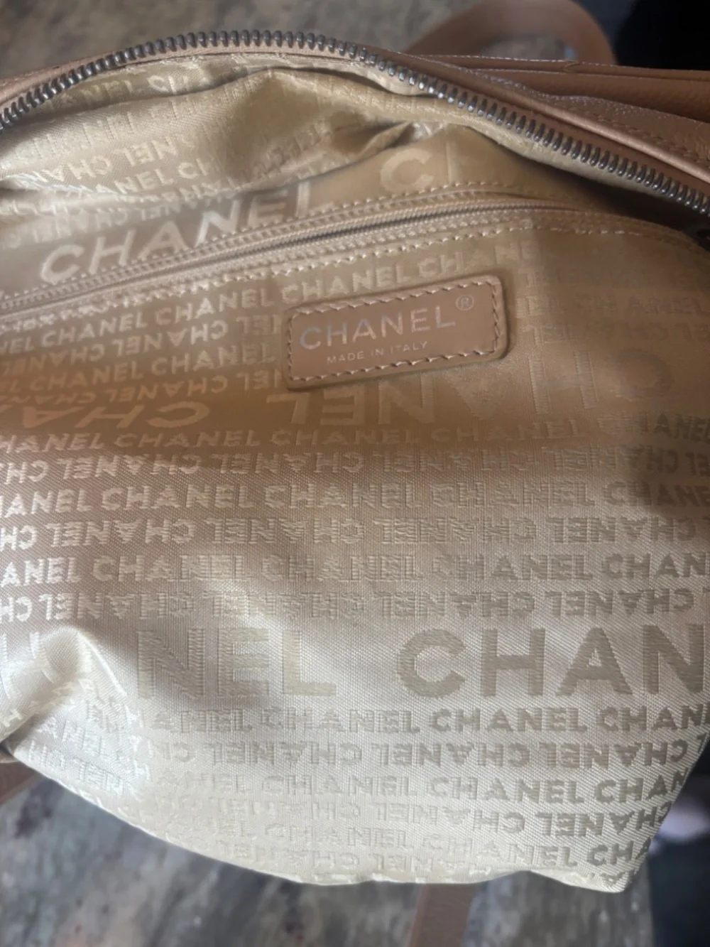 CHANEL VINTAGE Logo Bar East West Tote Beige Caviar Silver HW 9 series AUTH